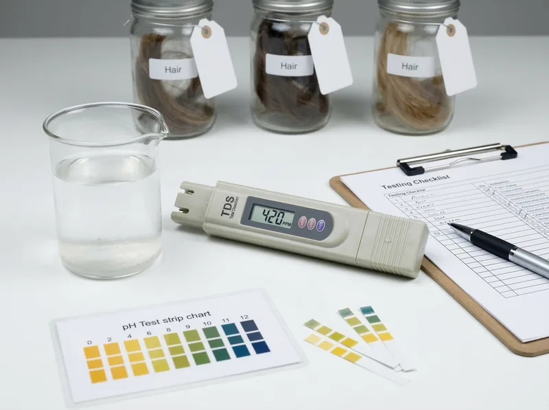 Testing setup showing water hardness test kit, pH strips, hair samples, and documentation clipboard on laboratory bench