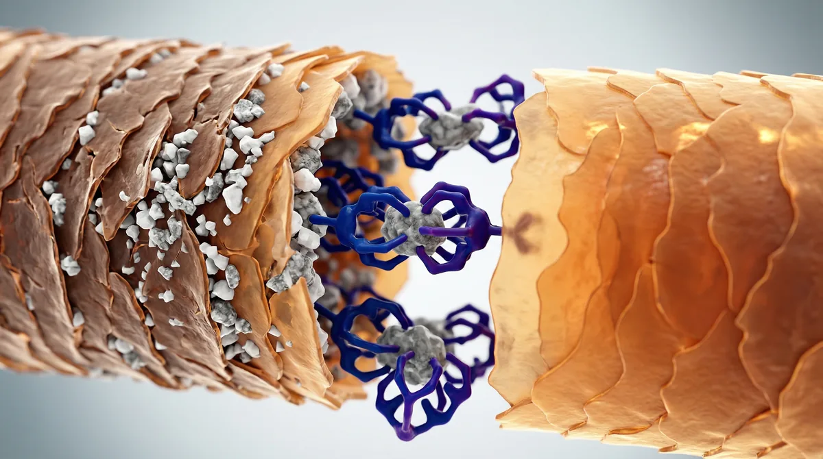 Molecular diagram showing chelating agents binding to mineral ions on hair shaft structure