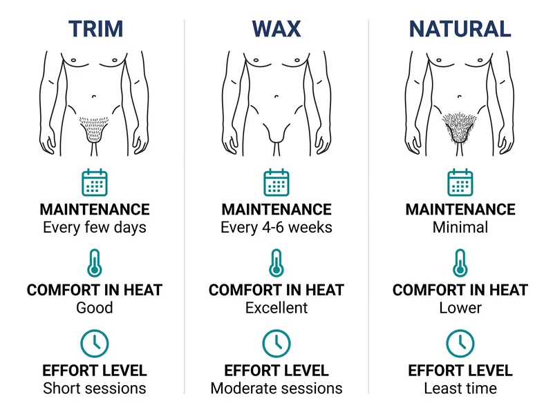 Comparison chart showing trimming versus waxing versus leaving natural for body hair