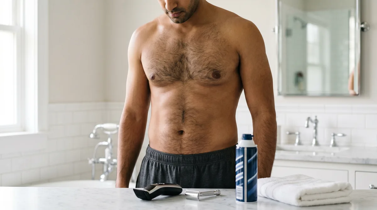 Man's torso showing natural chest hair with grooming tools nearby in clean bathroom setting