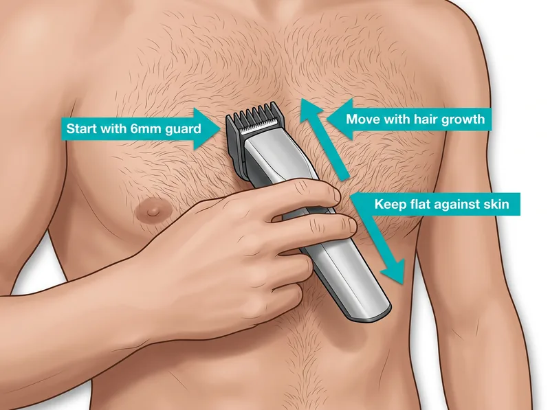 Proper technique for using body trimmer showing guard length and direction