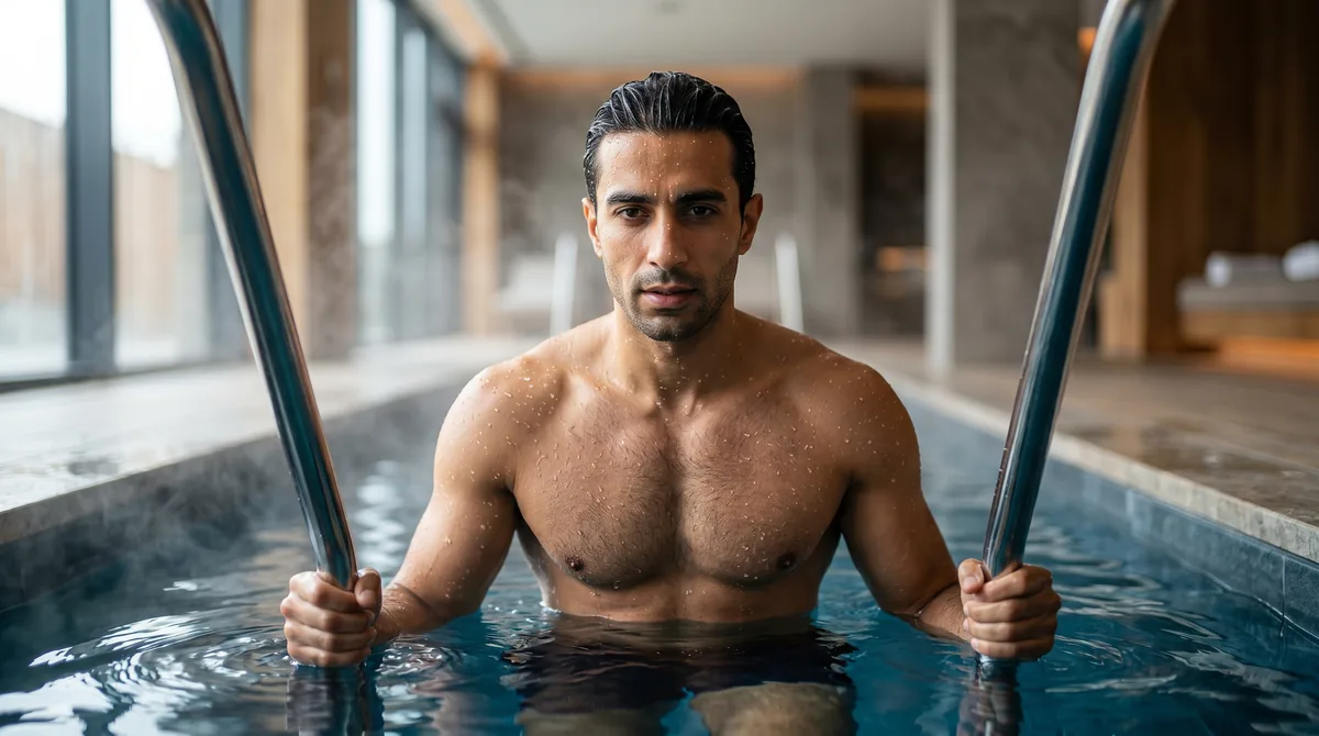 Man emerging from cold plunge pool with water droplets on hair and shoulders in modern wellness facility