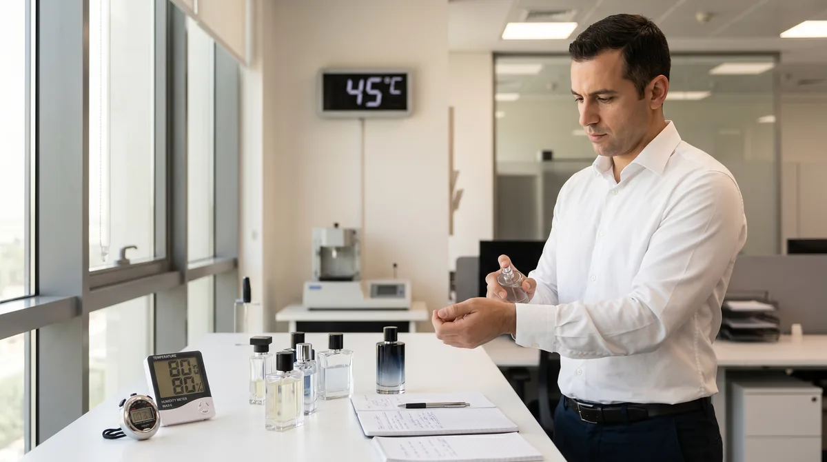 Man testing cologne performance in hot climate with temperature and humidity meter visible