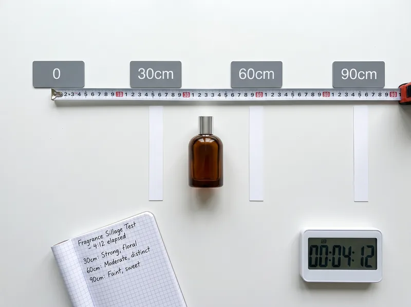 Fragrance projection testing setup showing distance markers and scent cards