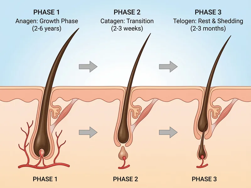 Diagram of the hair growth cycle showing anagen, catagen, and telogen phases with follicle illustrations at each stage