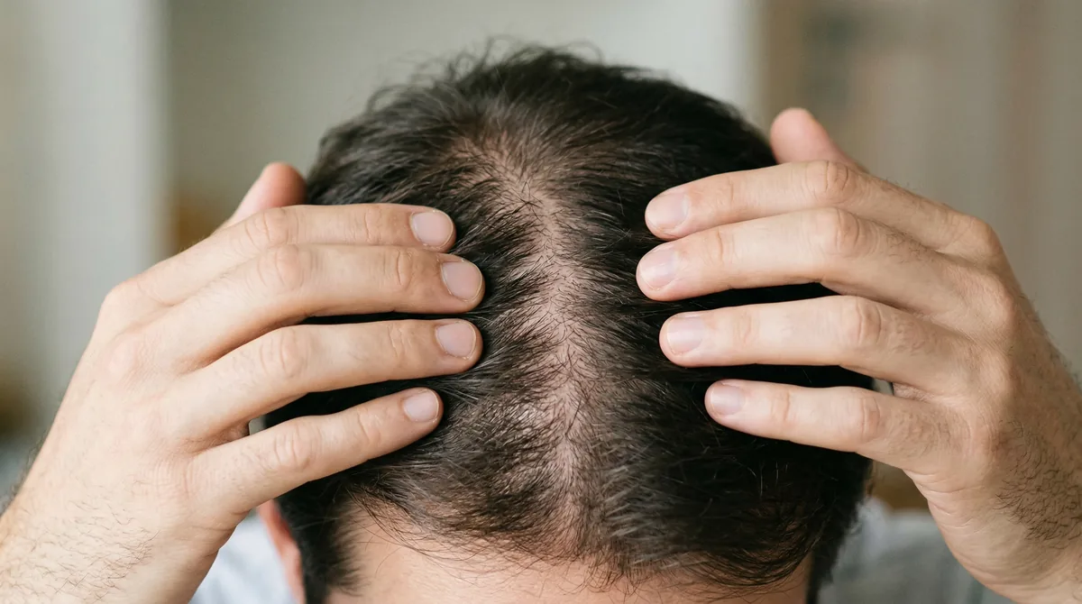 Close-up of male hands examining thinning hair at the crown, with visible scalp and fine hair texture under natural lighting