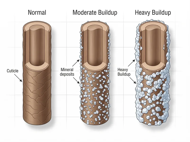 Scientific diagram showing mineral deposits coating a hair shaft, with calcium and magnesium crystals illustrated on the cuticle surface