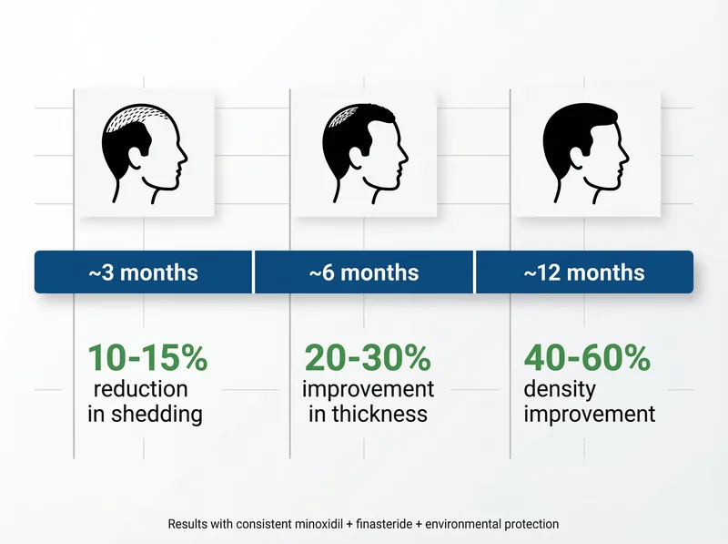Timeline infographic showing realistic hair loss treatment results at 3, 6, and 12 months with percentage improvements