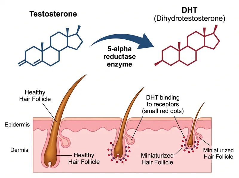 Scientific diagram showing testosterone conversion to DHT and its relationship to hair follicles