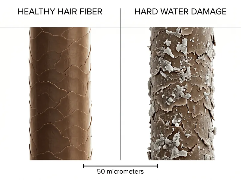 Side-by-side comparison of hair fiber under microscope showing hard water mineral damage versus healthy hair