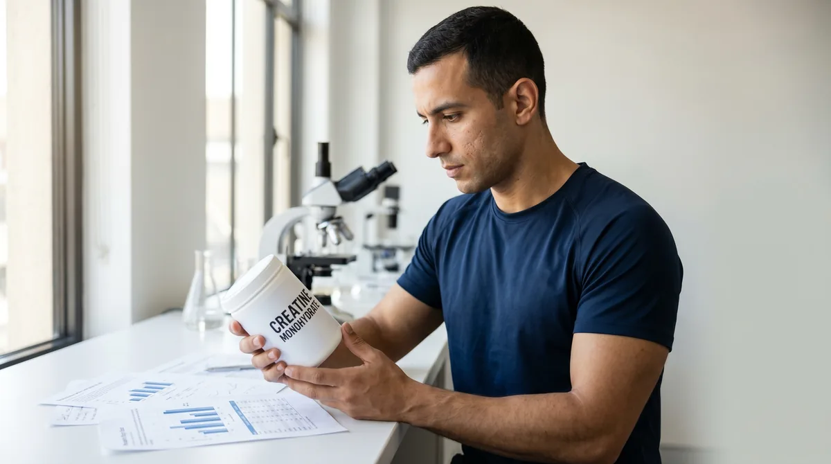 Man examining creatine supplement container next to research papers and microscope in modern laboratory setting