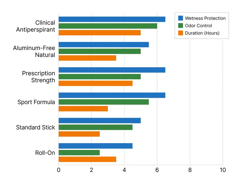 Comparison chart showing top-performing deodorants rated across wetness protection, odor control, and duration in Gulf heat