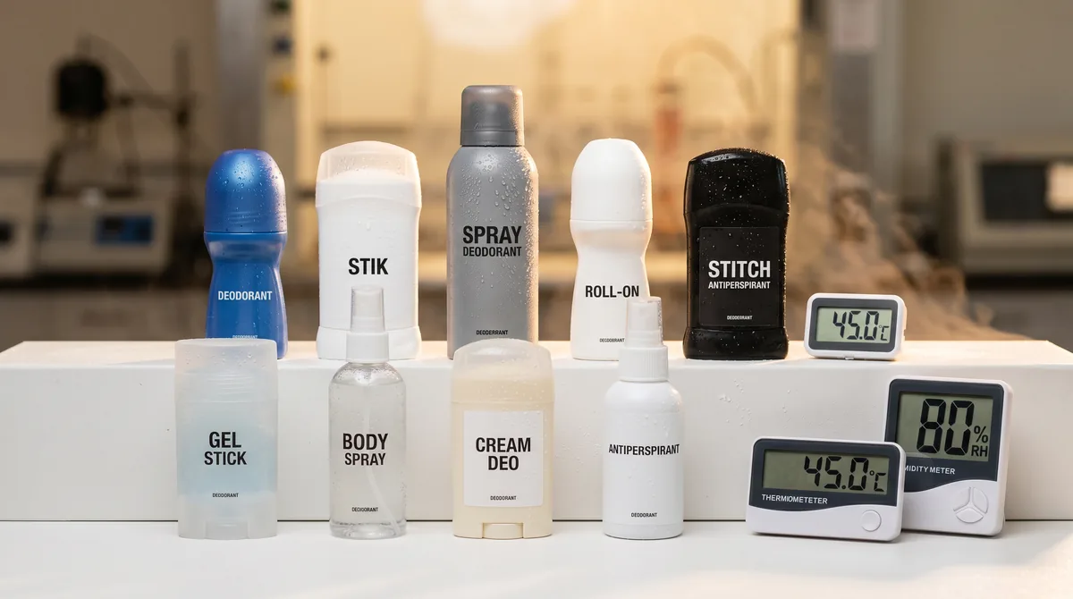 Array of deodorant and antiperspirant products arranged on a surface with visible condensation droplets and heat haze effect in background