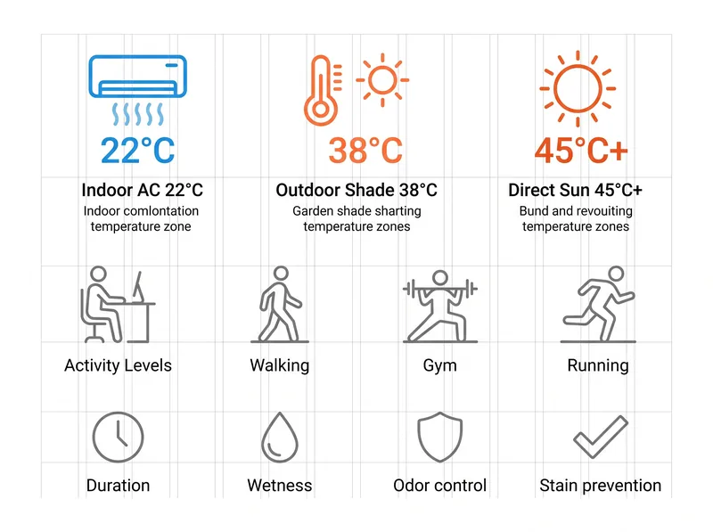 Infographic showing deodorant testing methodology with temperature zones, activity levels, and measurement criteria