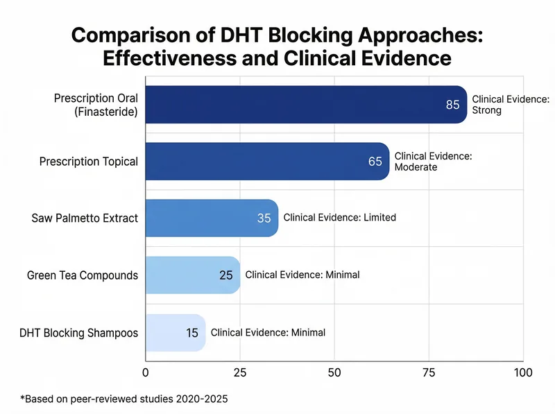 Comparison chart showing clinical effectiveness of different DHT blocking approaches based on peer-reviewed research