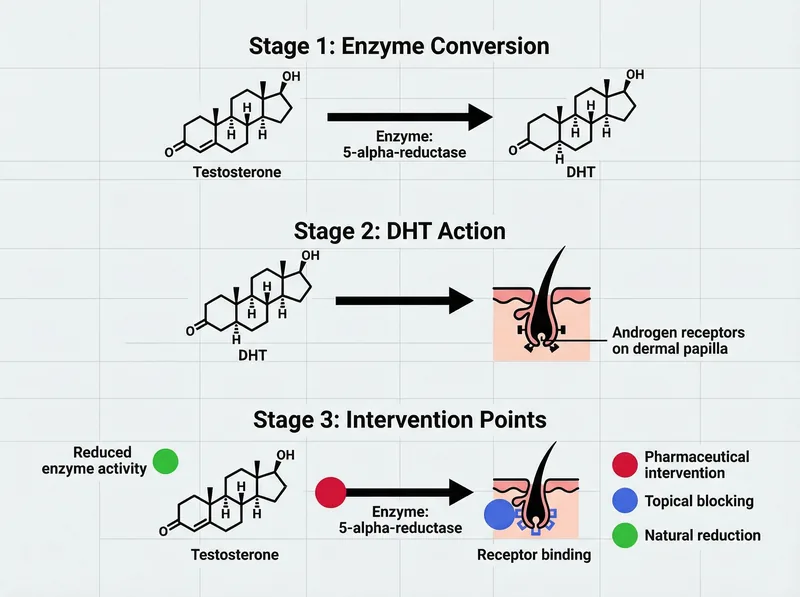 Educational diagram showing how DHT forms from testosterone and attaches to hair follicle receptors, with blocking points highlighted