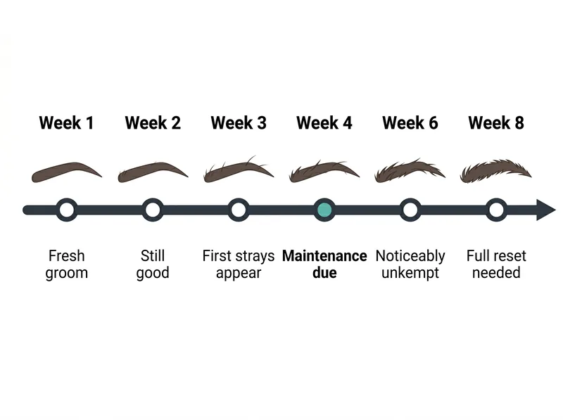 Timeline diagram showing eyebrow maintenance schedule from day 1 through week 8 with recommended grooming intervals