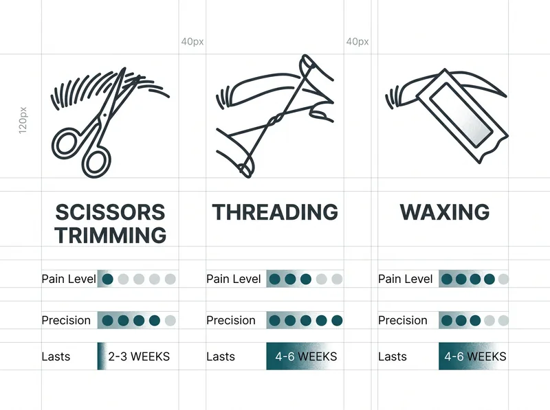 Side-by-side comparison diagram showing three eyebrow grooming methods: trimming, threading, and waxing with pros and cons