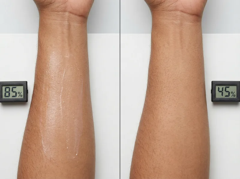 Side-by-side comparison showing moisturiser absorption on skin in humid versus dry conditions with visible texture differences