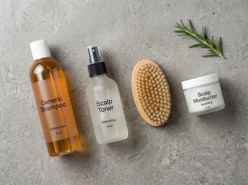 Flat lay of essential fade haircut aftercare products including chelating shampoo, scalp toner, and soft bristle brush