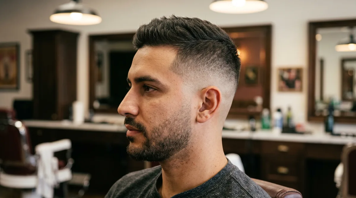 Close-up side profile of a man with a fresh skin fade haircut showing clean fade lines and scalp, professional barbershop lighting
