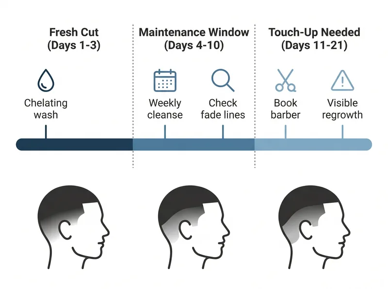 Timeline infographic showing fade haircut maintenance schedule from day 1 to week 3 with visual indicators