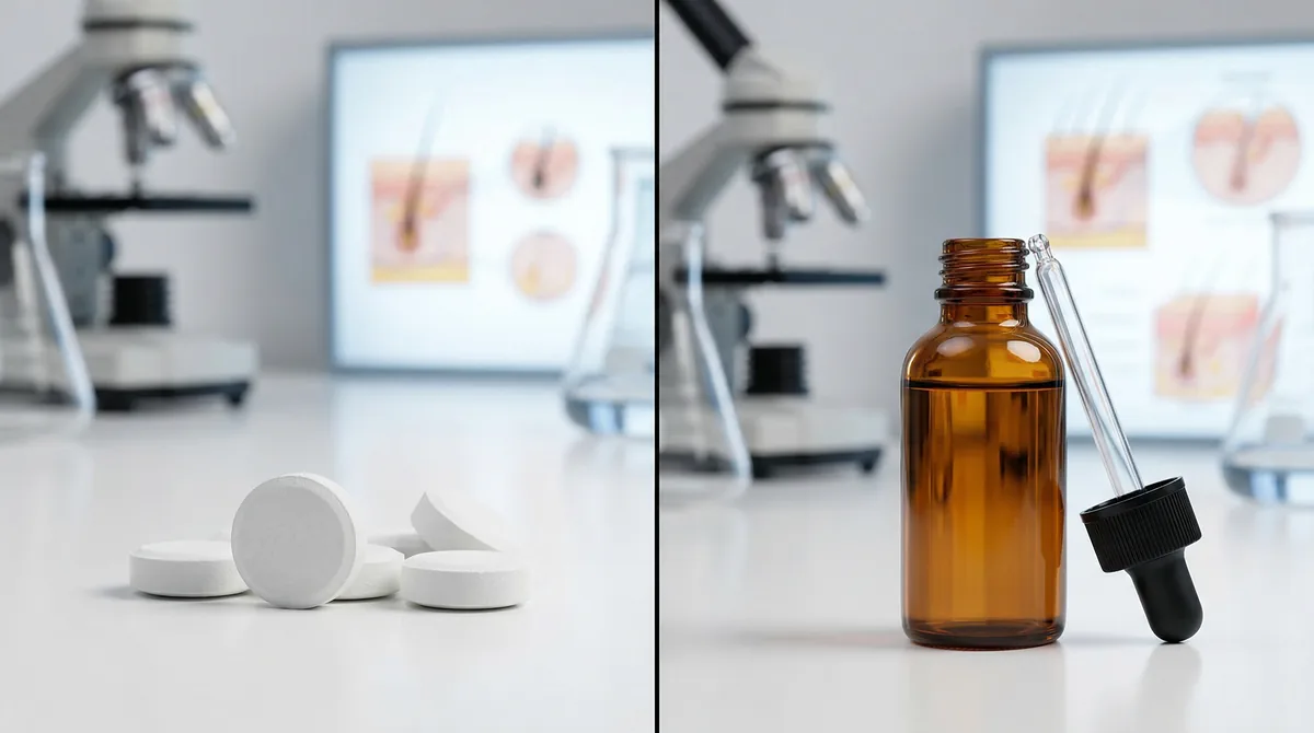 Split comparison showing finasteride pills and minoxidil solution bottle with scientific testing equipment