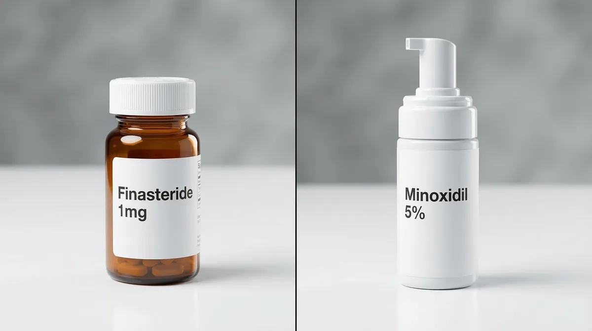 Split comparison showing finasteride pill bottle and minoxidil foam applicator on clean white surface with clinical lighting