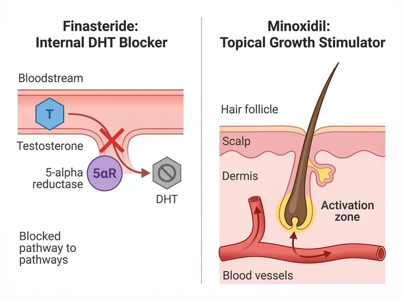 Educational diagram comparing how finasteride blocks DHT internally versus how minoxidil stimulates follicles externally