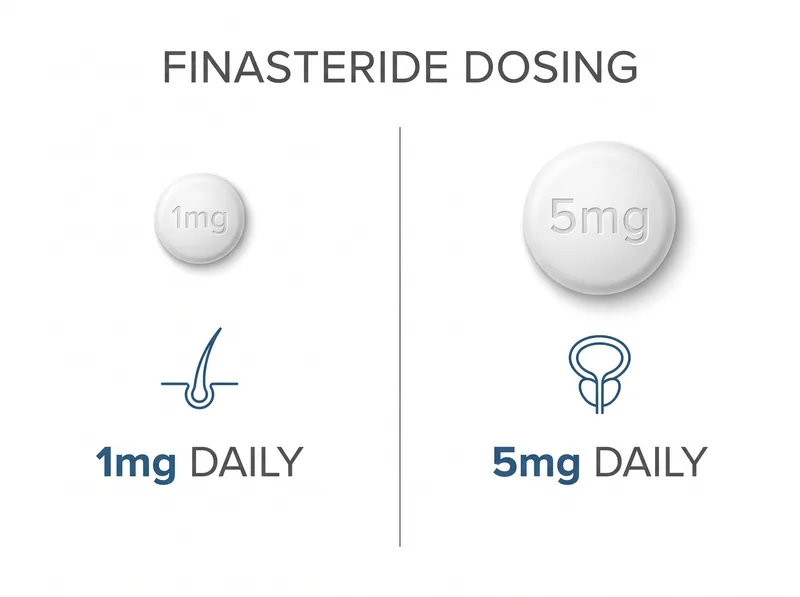 Comparison chart showing finasteride 1mg daily pill for hair loss versus 5mg daily pill for prostate health