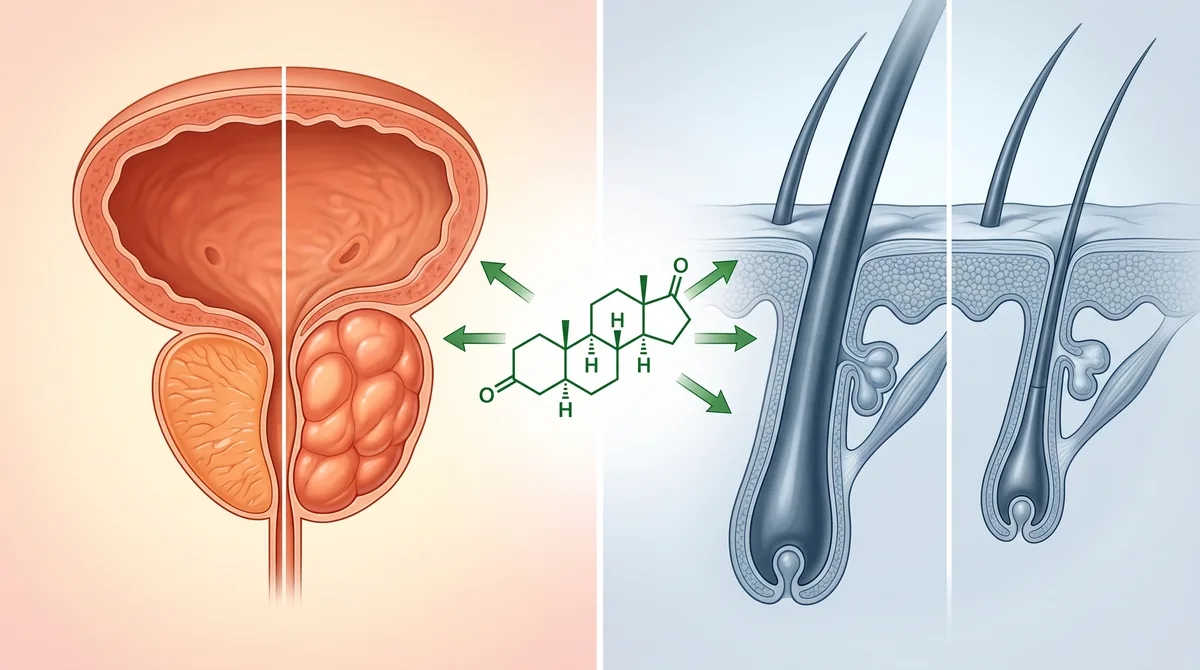 Split medical illustration showing prostate gland on left and hair follicle cross-section on right, connected by DHT molecule diagram in center