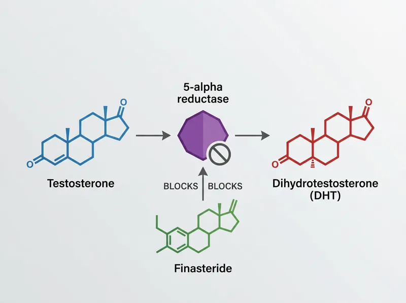 Diagram showing testosterone conversion to DHT via 5-alpha reductase enzyme, and finasteride blocking that conversion