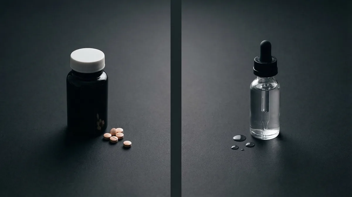 Hair loss treatment bottles on a modern bathroom counter