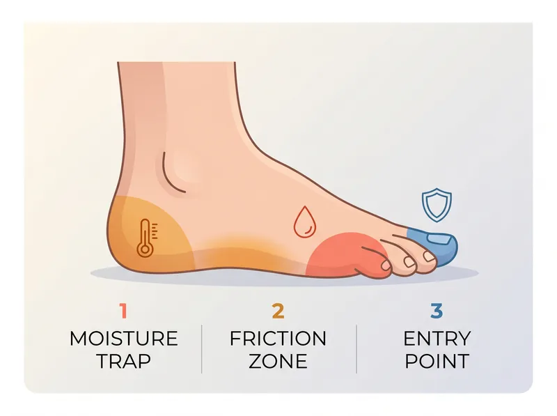 Educational diagram showing common fungal infection zones on male feet with prevention strategies for Gulf climate