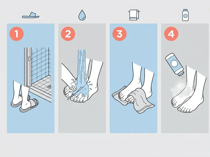 Step-by-step visual guide showing proper gym shower foot protection routine for men in humid climates