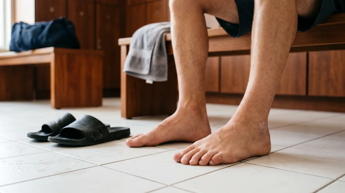 Close-up of male feet showing common Gulf foot care concerns including dry cracked heels and fungal risk areas in gym environment