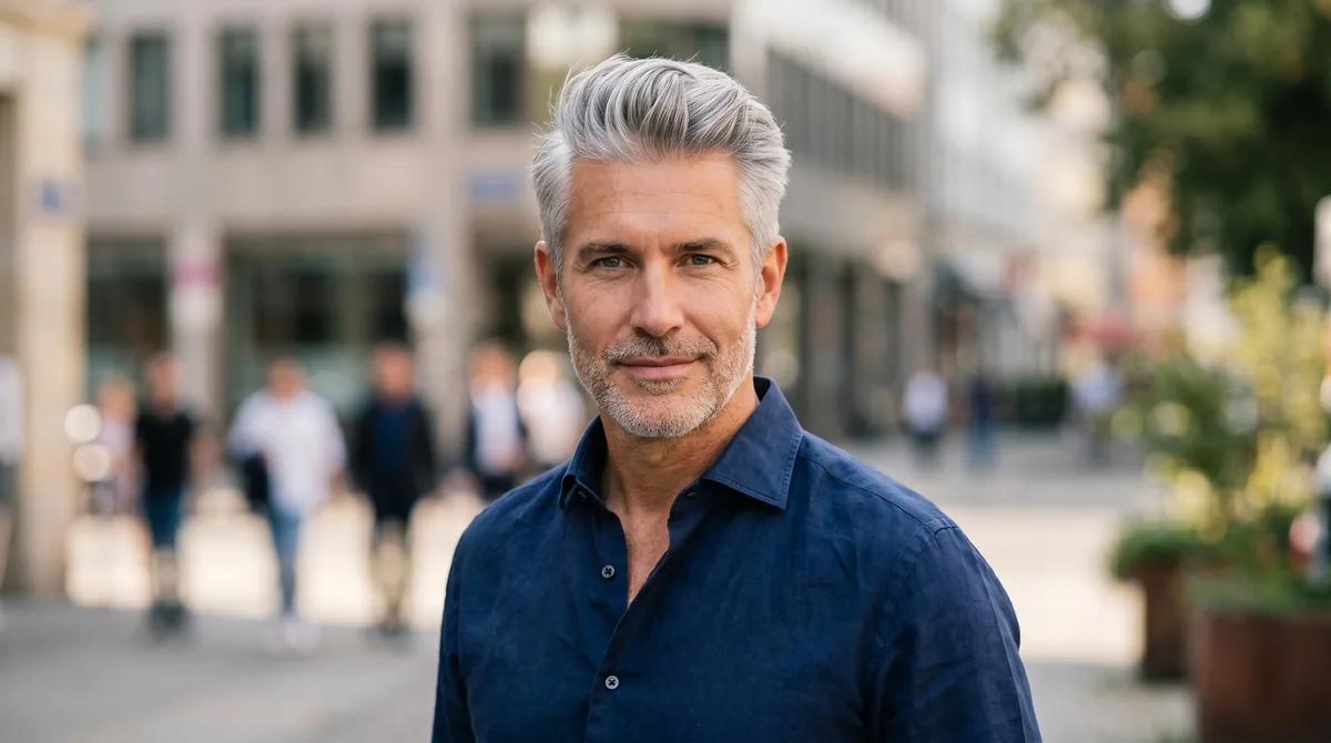 Well-groomed man with silver hair styled professionally in natural lighting