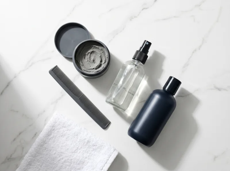 Minimal flat lay of gray hair styling products including matte clay, sea salt spray, and chelating shampoo