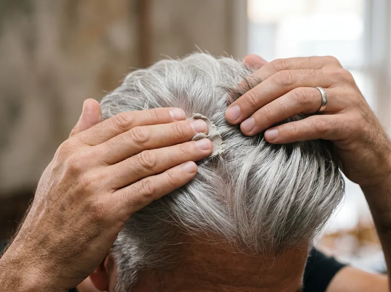 Close-up of hands applying matte product to silver hair showing proper texturizing technique