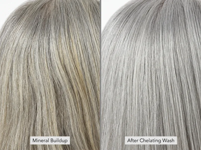 Side-by-side comparison showing gray hair with yellow mineral buildup versus clean silver gray hair