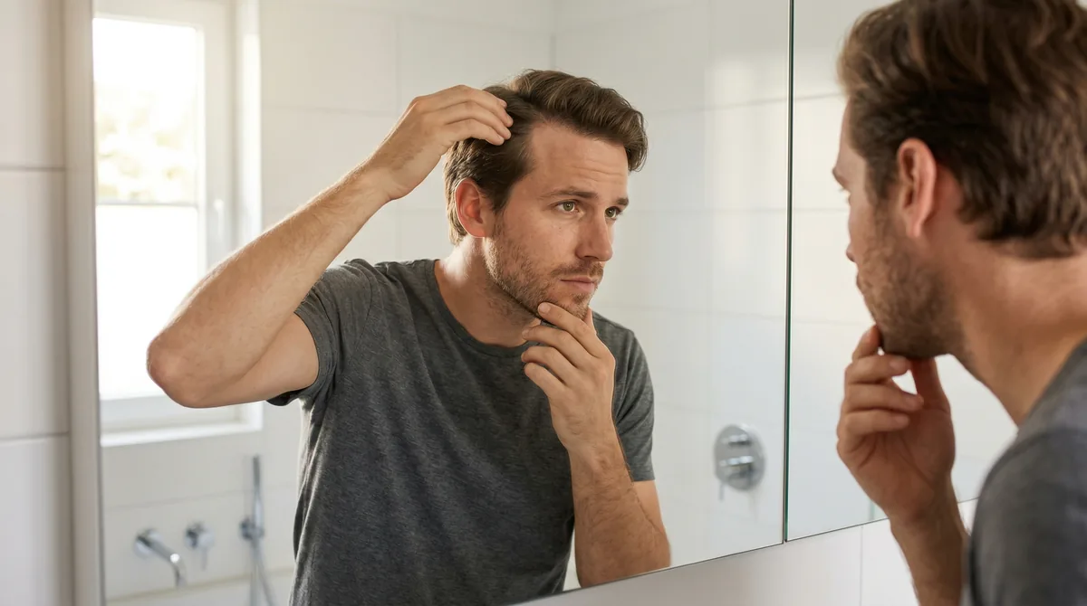 Man examining his hairline in mirror with natural light, showing concern about hair thinning