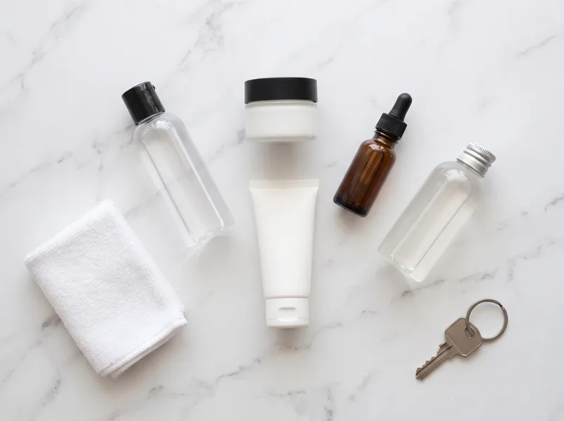 Minimal gym locker skincare essentials laid out on clean surface