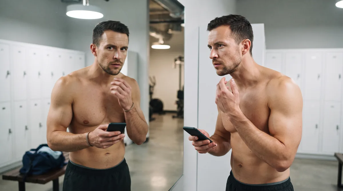Athletic man examining his facial skin in gym locker room mirror after workout