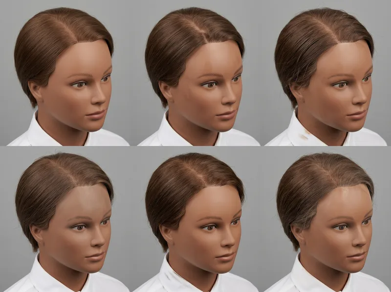 Side-by-side comparison showing six different hair concealment products tested in 80% humidity conditions after four hours