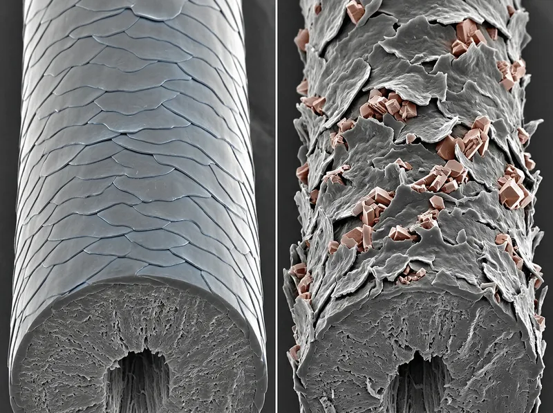 Microscopic comparison of healthy hair cuticle versus mineral-damaged hair cuticle showing lifted scales