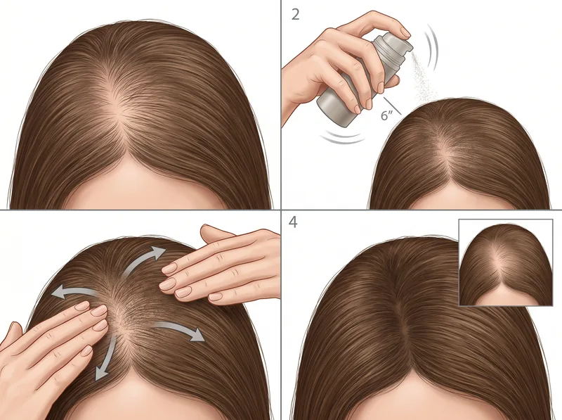 Step-by-step visual guide showing proper hair fiber application technique for natural-looking coverage