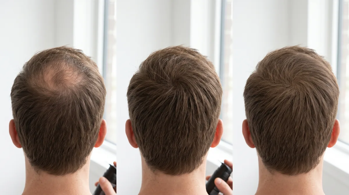 Close-up comparison of hair density concealment products applied to thinning crown area under natural lighting