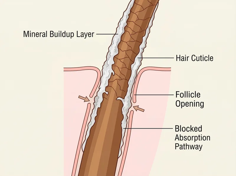 Cross-section diagram of hair strand showing how hard water minerals coat the cuticle and block follicle function
