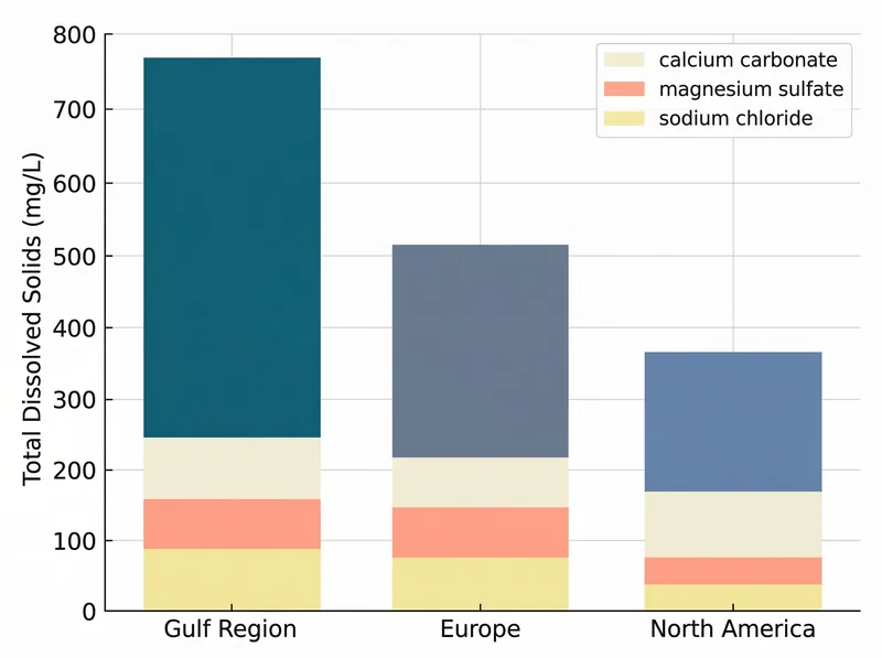 Scientific comparison diagram showing mineral concentration levels in Gulf water versus European and North American water sources