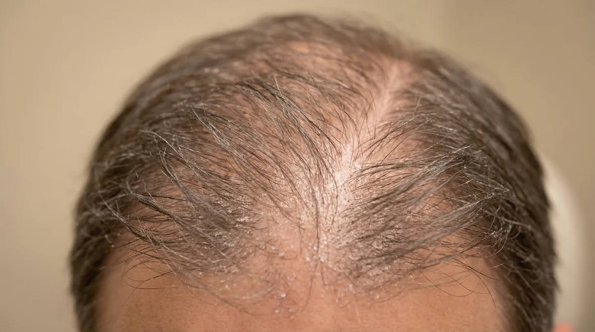 Close-up of male scalp showing mineral buildup and hair thinning characteristic of hard water damage in Gulf region